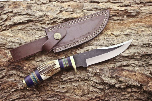 Custom 1095 forged steel hunting knife with antler horn and exotic wood handle