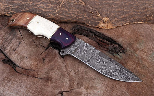Custom Damascus Steel Hunting Knife – G10, Bone, Rosewood Handle | KBS Knives