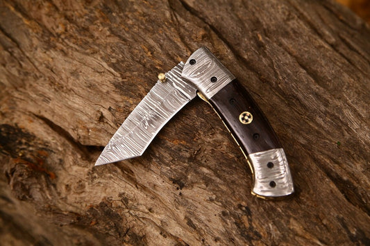 Custom Handmade Damascus Steel Tanto Blade Folding Pocket Knife with Wenge Wood Handle and Leather Case