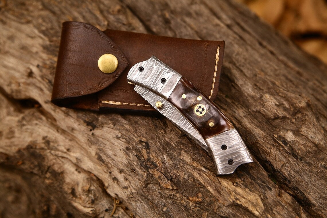 Premium Custom Damascus Steel EDC Folding Knife with Clip and Leather Case