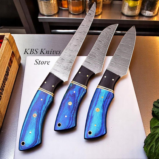 3-piece Japanese Damascus kitchen knives set with Pakka wood and G10 handles handmade by KBS Knives Store