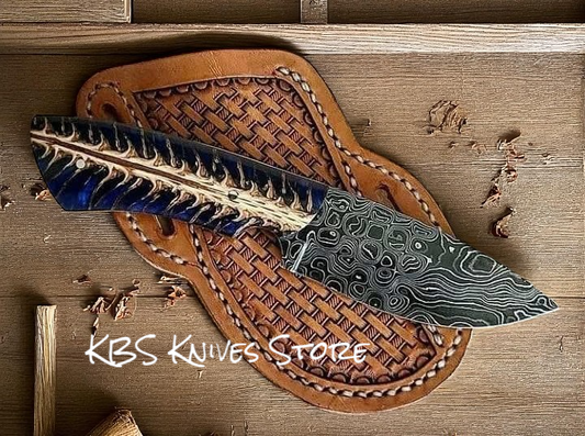 4 inch Damascus cowboy knife with blue pine cone resin handle and Western leather sheath
