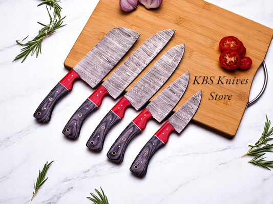 5-piece Damascus cooking knives set with exotic Pakka wood handles