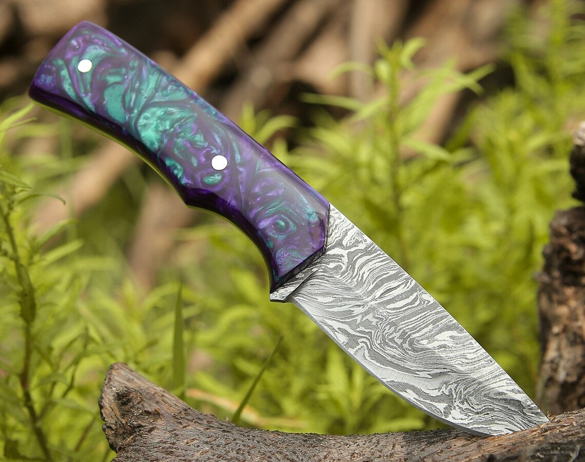 Custom Handmade Damascus Steel Hunting Knife with Epoxy Resin Handle a