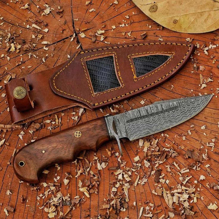 Handmade Damascus blade knife with Damascus guard and leather sheath