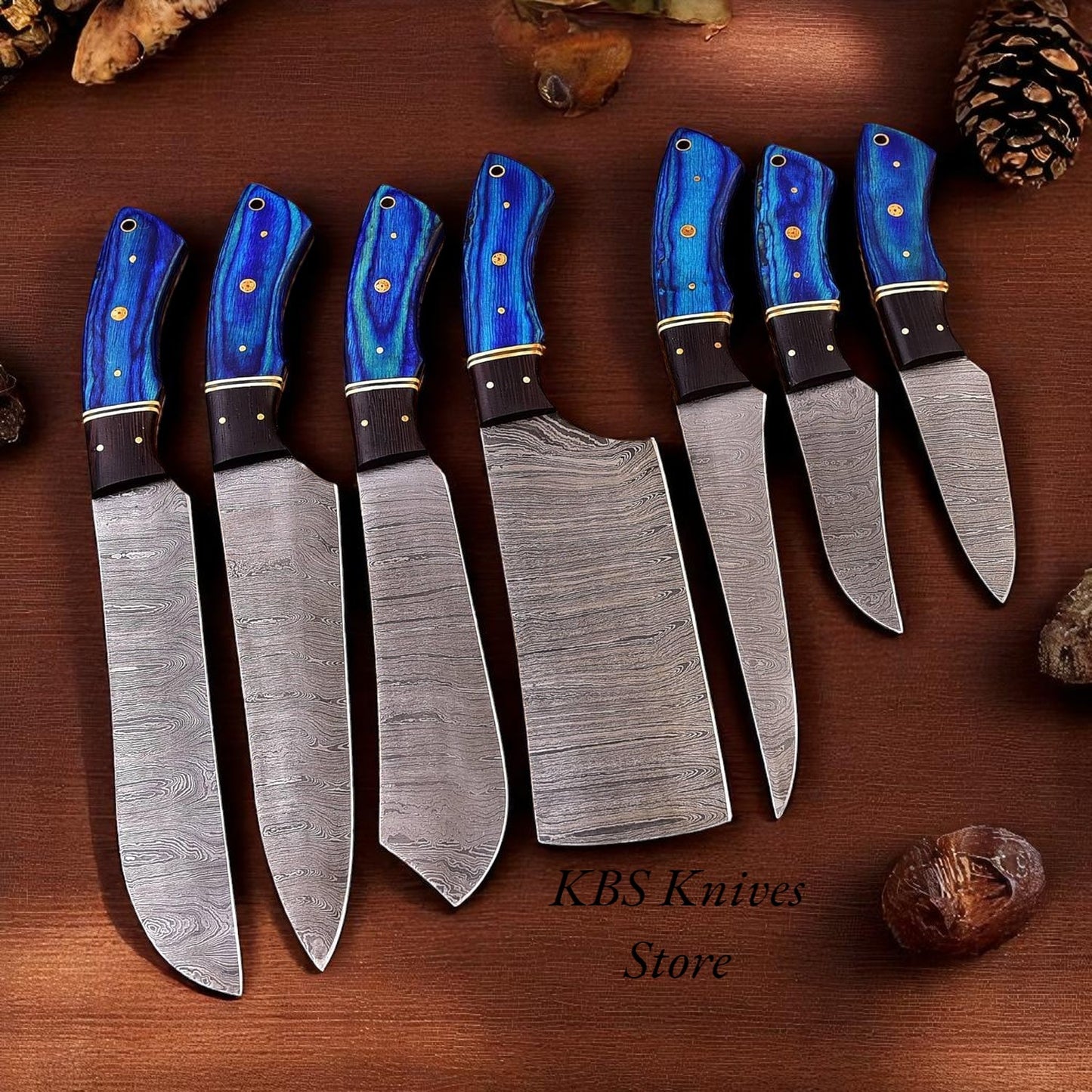 7-piece Damascus steel cooking knife set with exotic Pakka wood handles