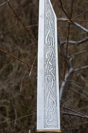 Viking Seax Knife with Engraved Stainless Steel Blade, Rosewood Handle, and Brass Guard
