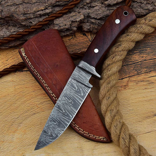Custom Handmade Full Tang Damascus Steel Knife with Rosewood Handle and Leather Sheath
