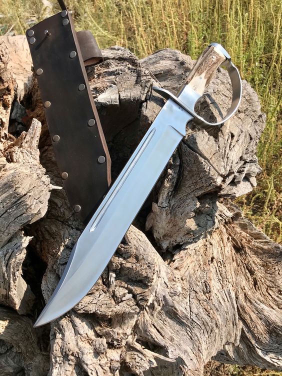 Custom handmade D2 steel blade big hunting Bowie knife with stag horn handle and steel knuckle style guard