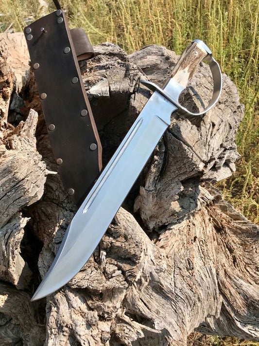 Custom handmade D2 steel blade big hunting Bowie knife with stag horn handle and steel knuckle style guard