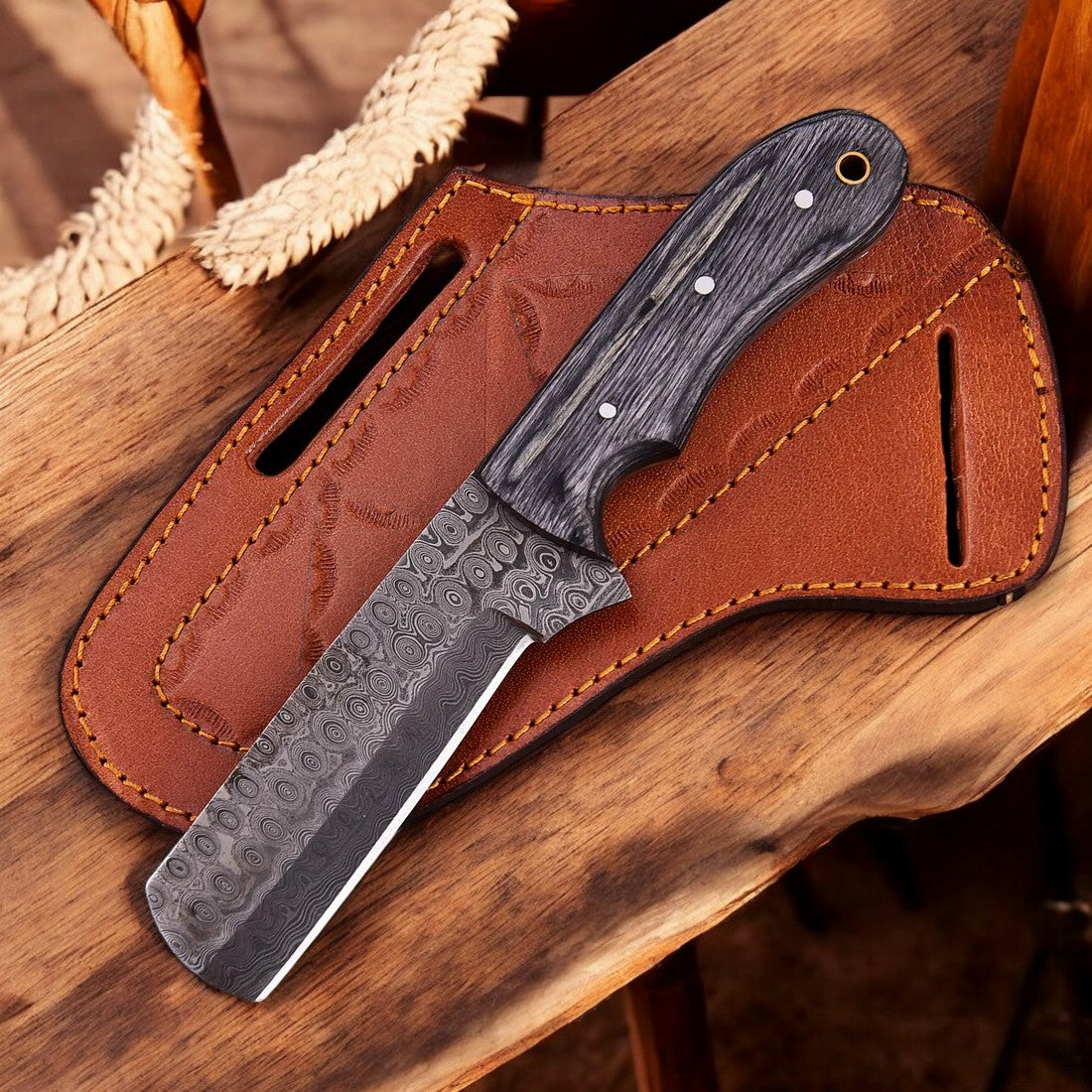 Damascus bull cutter knife with tear drops steel blade and exotic black wood handle 4 inch