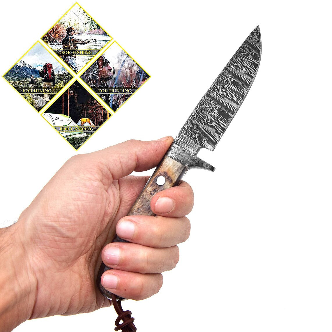 Fire Pattern Damascus Blade Hunting Knife with Leather Sheath