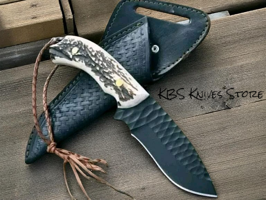 Fixed blade cowboy knife with sheath 4.5 inch D2 steel antler handle western style