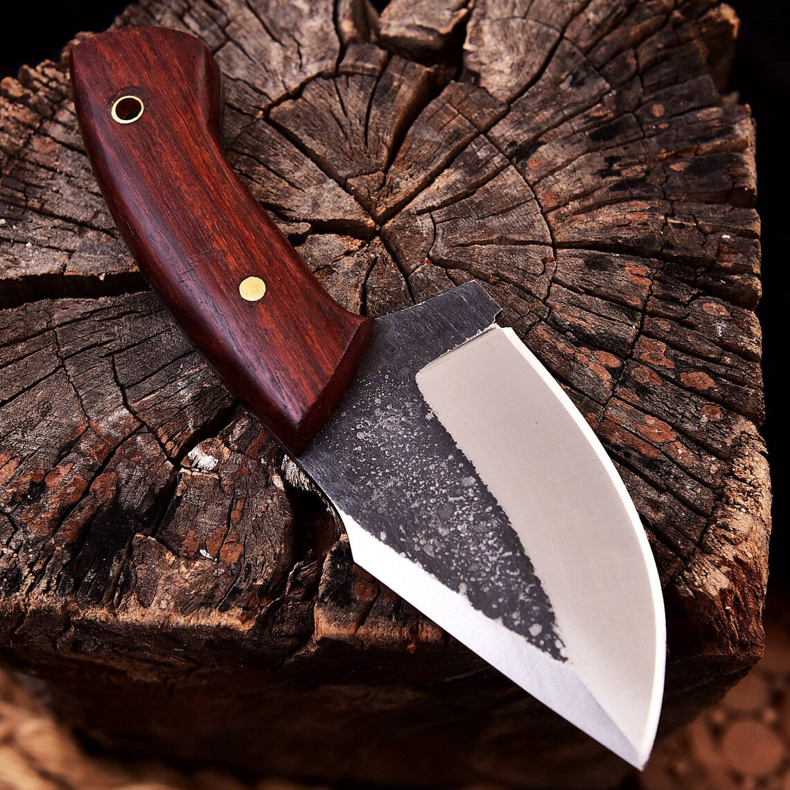 Forged 1095 High Carbon Steel Knife with Rosewood Handle and Premium Leather Sheath