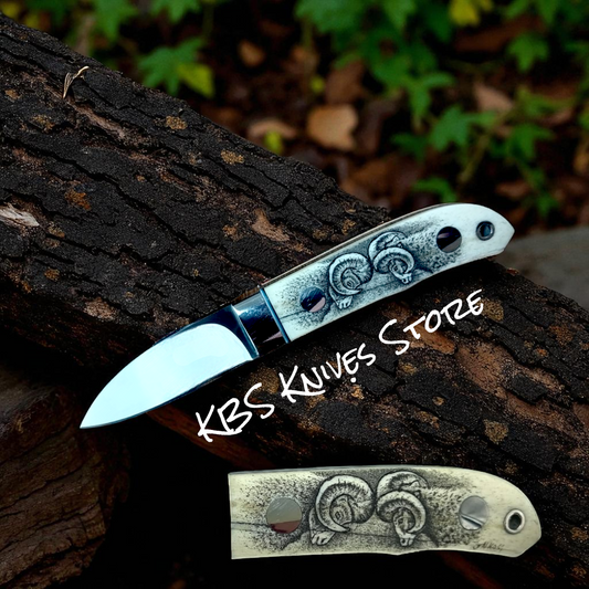 Hand-Engraved Scrimshaw EDC Knife  6.1" D2 Steel with Camel Bone Handle & Leather Sheath