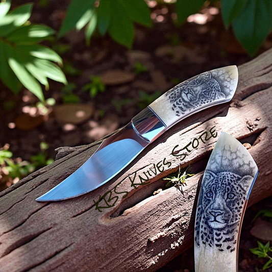 Hand-Engraved Scrimshaw Skinning Knife  7" Full Tang D2 Steel with Camel Bone Handle & Leather Sheath