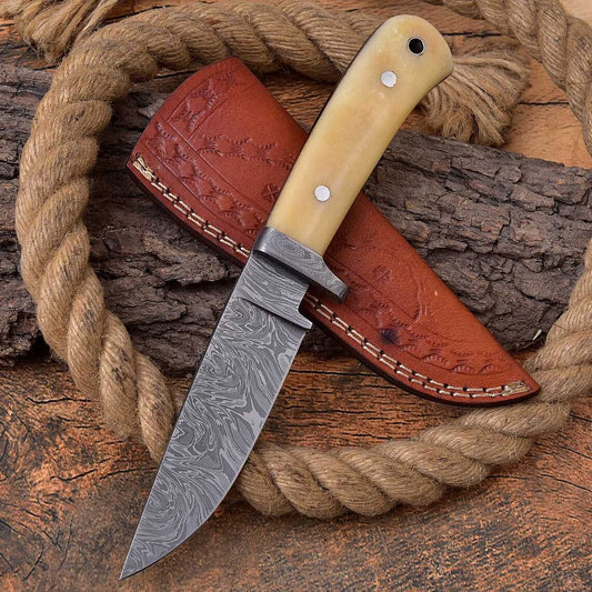 Handmade Full Tang Hunting Knife with Fire Pattern Damascus Blade and Leather Sheath