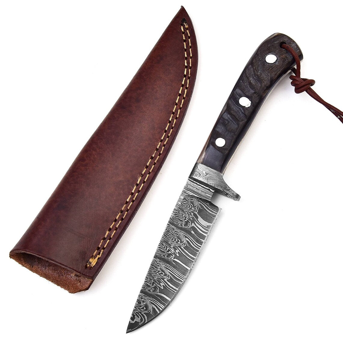Handmade Hunting Knife with Fire Pattern Damascus Blade and Leather Sheath