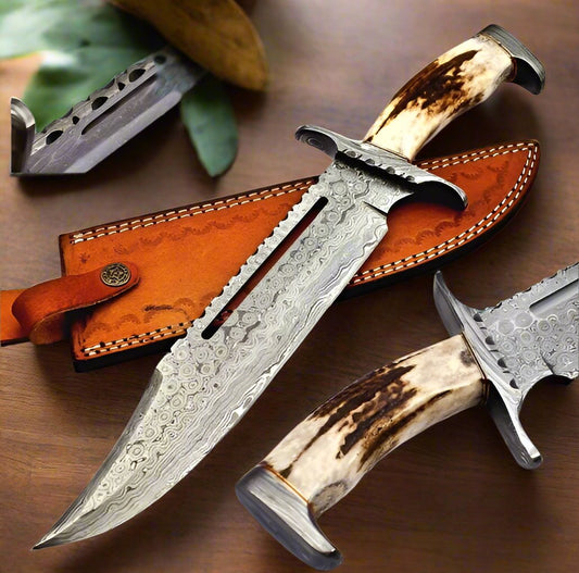 KBS Knives exclusive: Stormbringer Bowie Knife with antler horn handle and leather sheath.