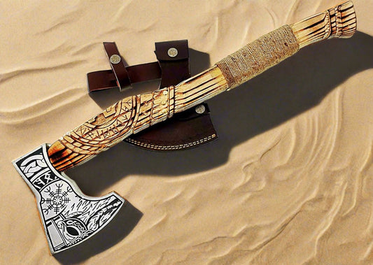 Norse Axe with forged 1095 steel blade and hand-engraved ash wood handle