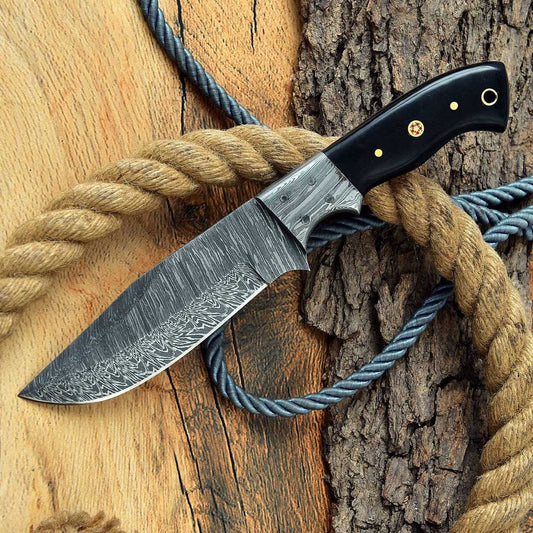 Ridgeback Ranger Hunting Knife: Handcrafted Damascus Steel with Buffalo Horn Handle and Leather Sheath - KBS Knives