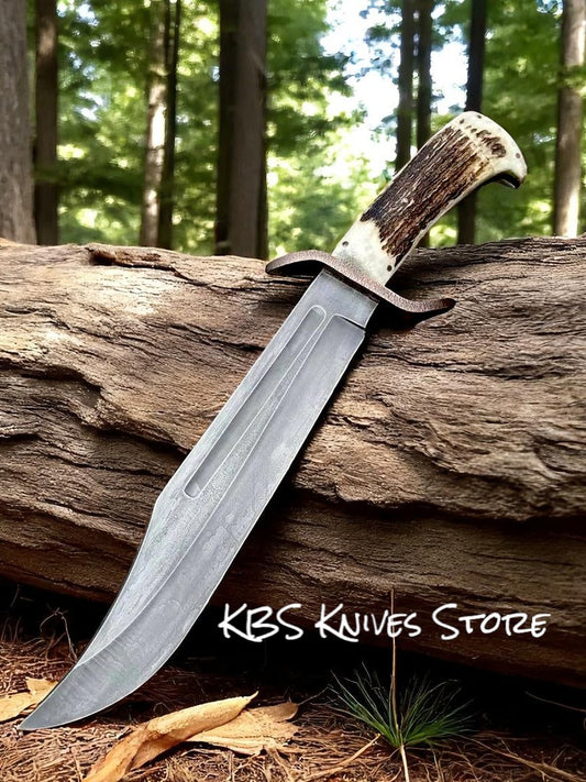Survival bowie knife D2 steel 11 inch blade with antler horn handle copper guard