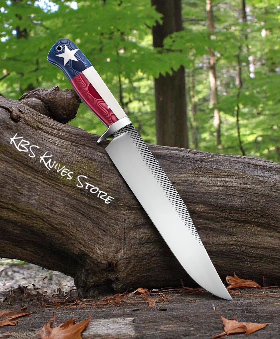 Western bowie knife rasp steel 10 inch blade with Texas Flag G10 handle red white blue