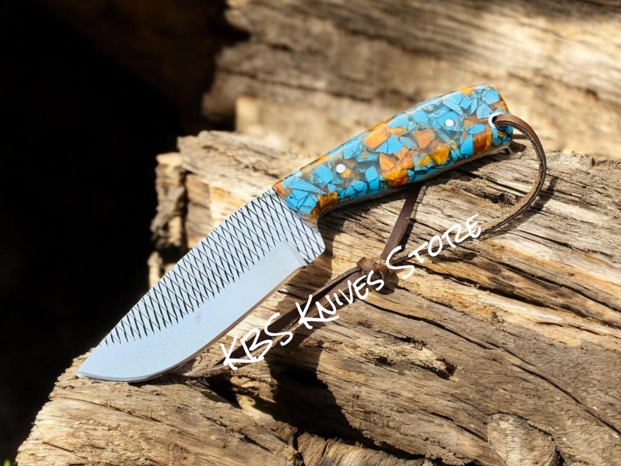 Hunting Knife – Rasp Steel with Turquoise & Golden Resin Handle