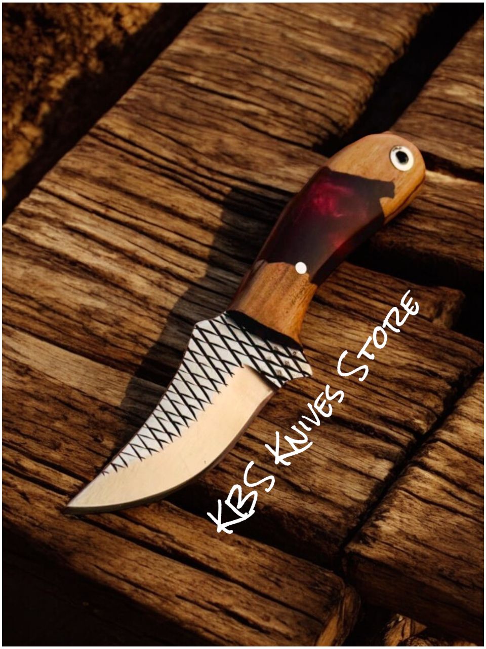Neck Knife with 2.5" Rasp Steel Blade – Red Epoxy Olivewood Handle