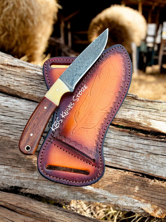 Cowboy Rough Rider Knife – 3.75" Damascus Blade Deer Bone Handle