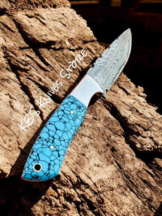 Western Turquoise Lover Knife – 3.7" Damascus Blade w/ Leather Sheath