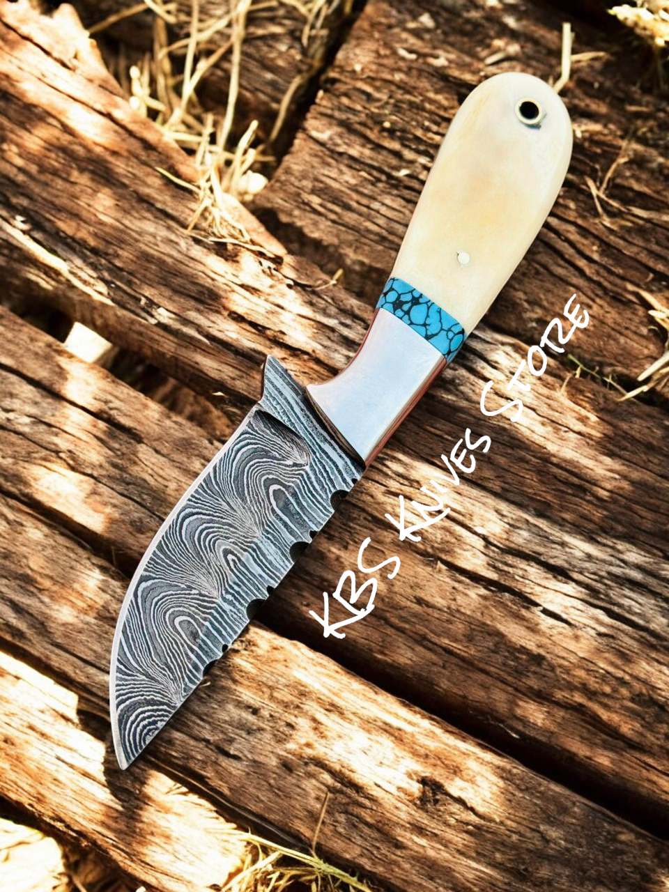 Western Knife with 3.5" Damascus Blade & Bone–Turquoise Handle