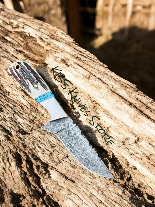 Cowboy Knife – 3.6" Raindrops Damascus Blade with Antler & Turquoise