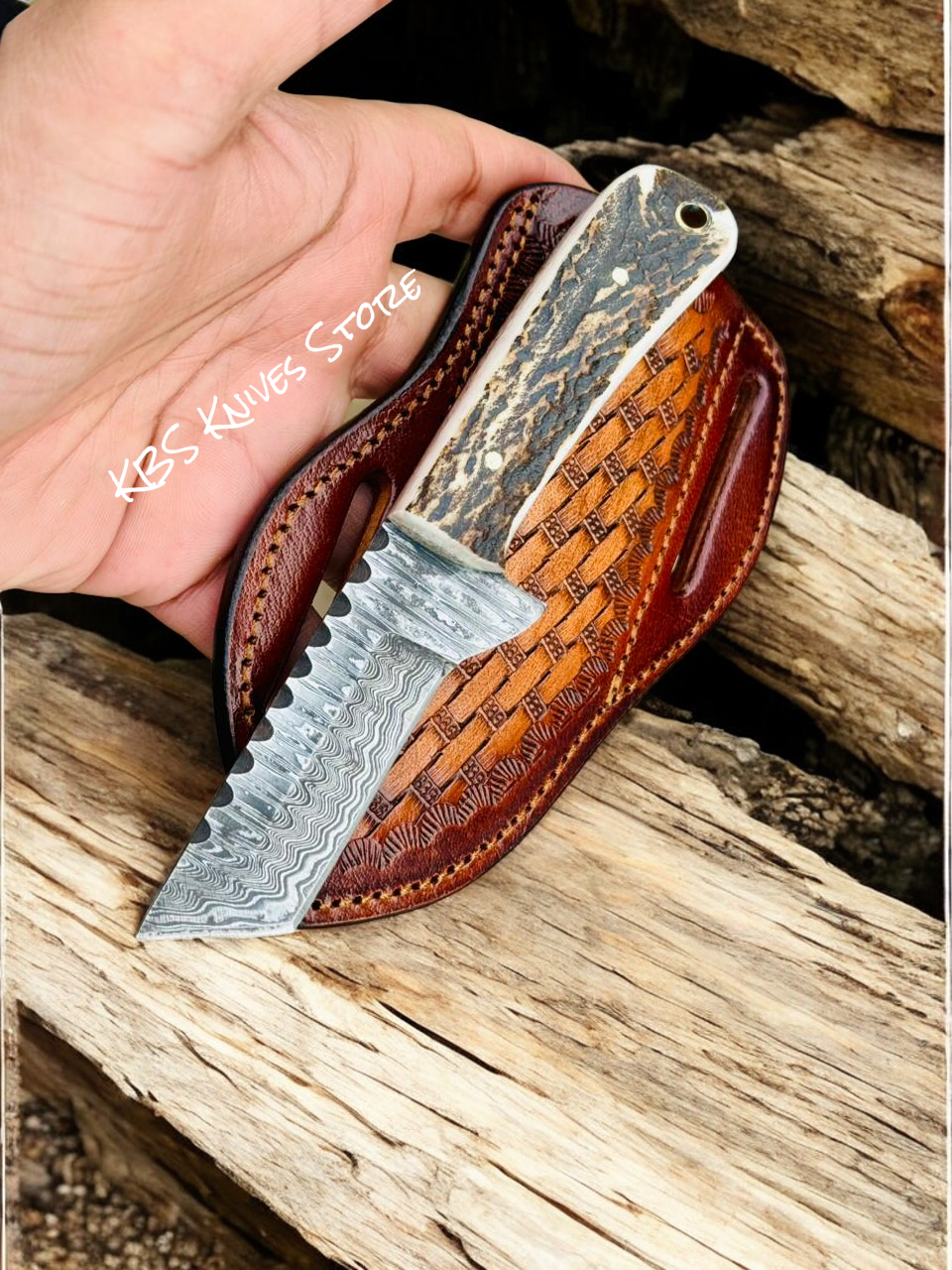 Tanto Knife – 3.4" Damascus Steel Blade with Antler Horn Handle