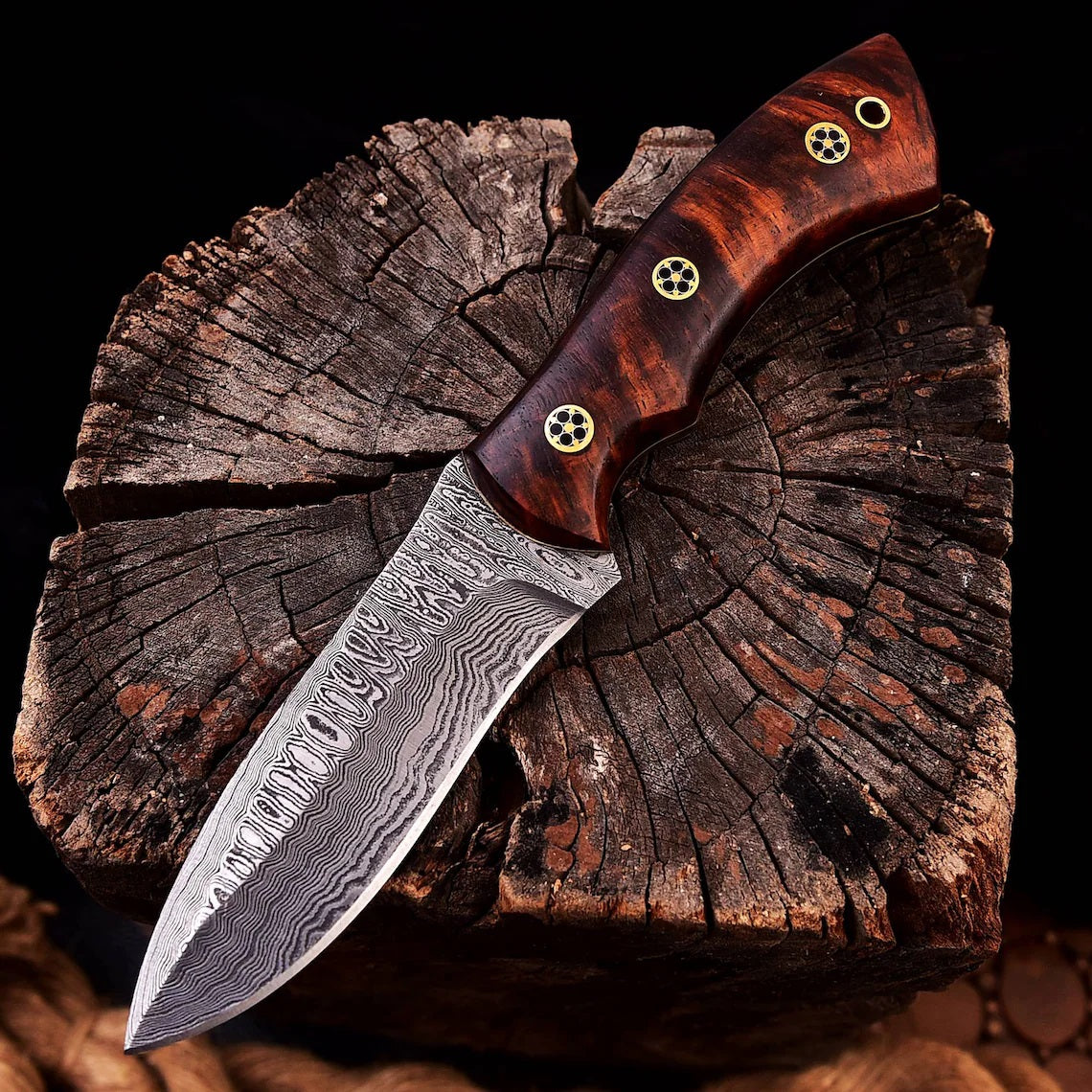 Wilderness Warrior Damascus steel hunting knife with rosewood handle and leather sheath