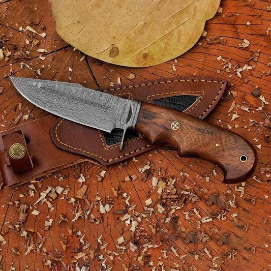 Custom Damascus steel hunting knife with blood groove and rosewood handle