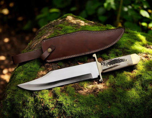 Mountain King Classic Hunting Bowie Knife with high carbon steel blade and antler horn handle