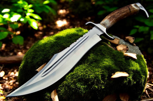 Close-up of Bowie Knife With Antler Handles and D2 Steel Blade