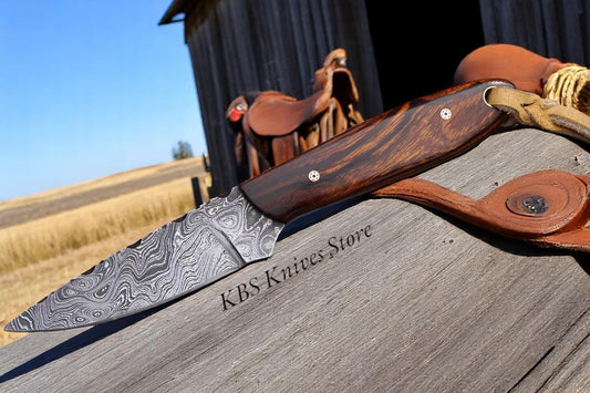 Buckaroo Ranch Knife with Sheath Damascus Steel Rosewood Handle