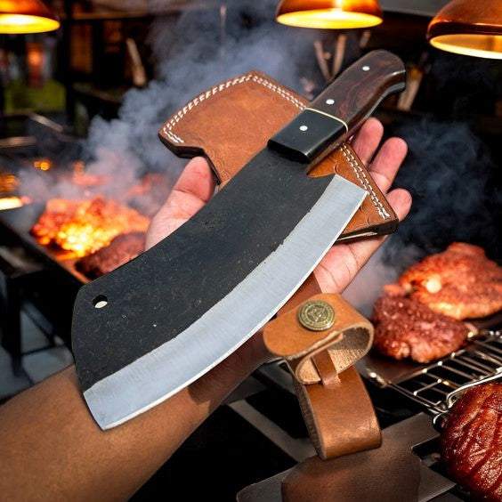 Custom handmade Meat Cutter Knife with a high-carbon steel blade and rosewood handle.