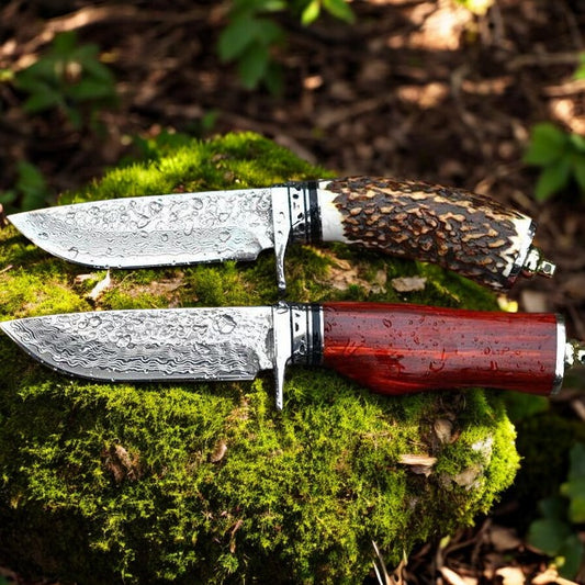 Custom handmade hunting knife with Damascus steel blade and wood-antler horn handle.