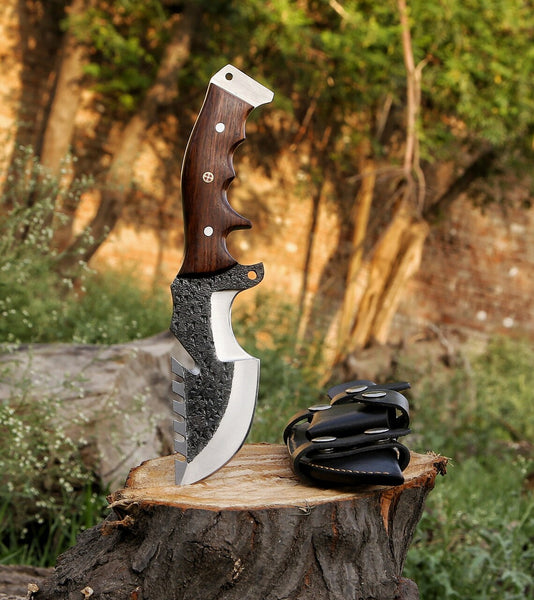 "Custom Handmade 1095 Hand Forged Steel Best Survival Camping Tracker Knife with Rosewood Handle, 10.5 Inches, and Leather Sheath, Available at KBS Knives Store"