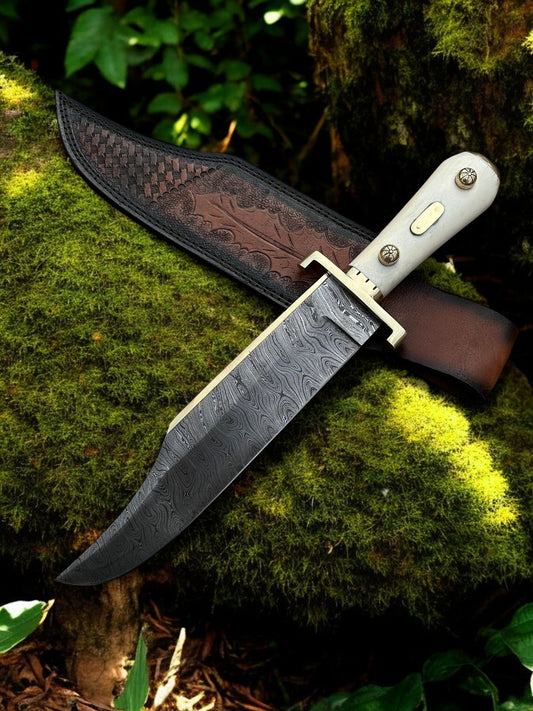 Custom handmade Western W49 Bowie Knife featuring a brass guard and Damascus steel blade