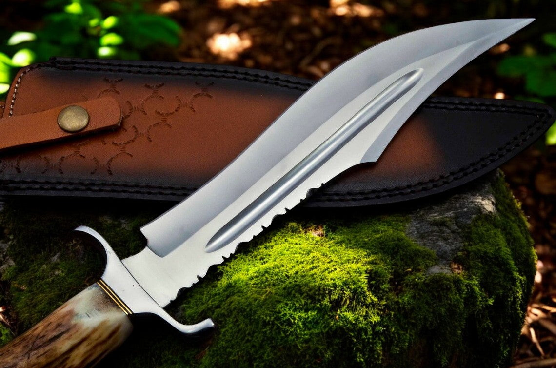 Rustic Bowie Knife With Antler Handles for Outdoor Use