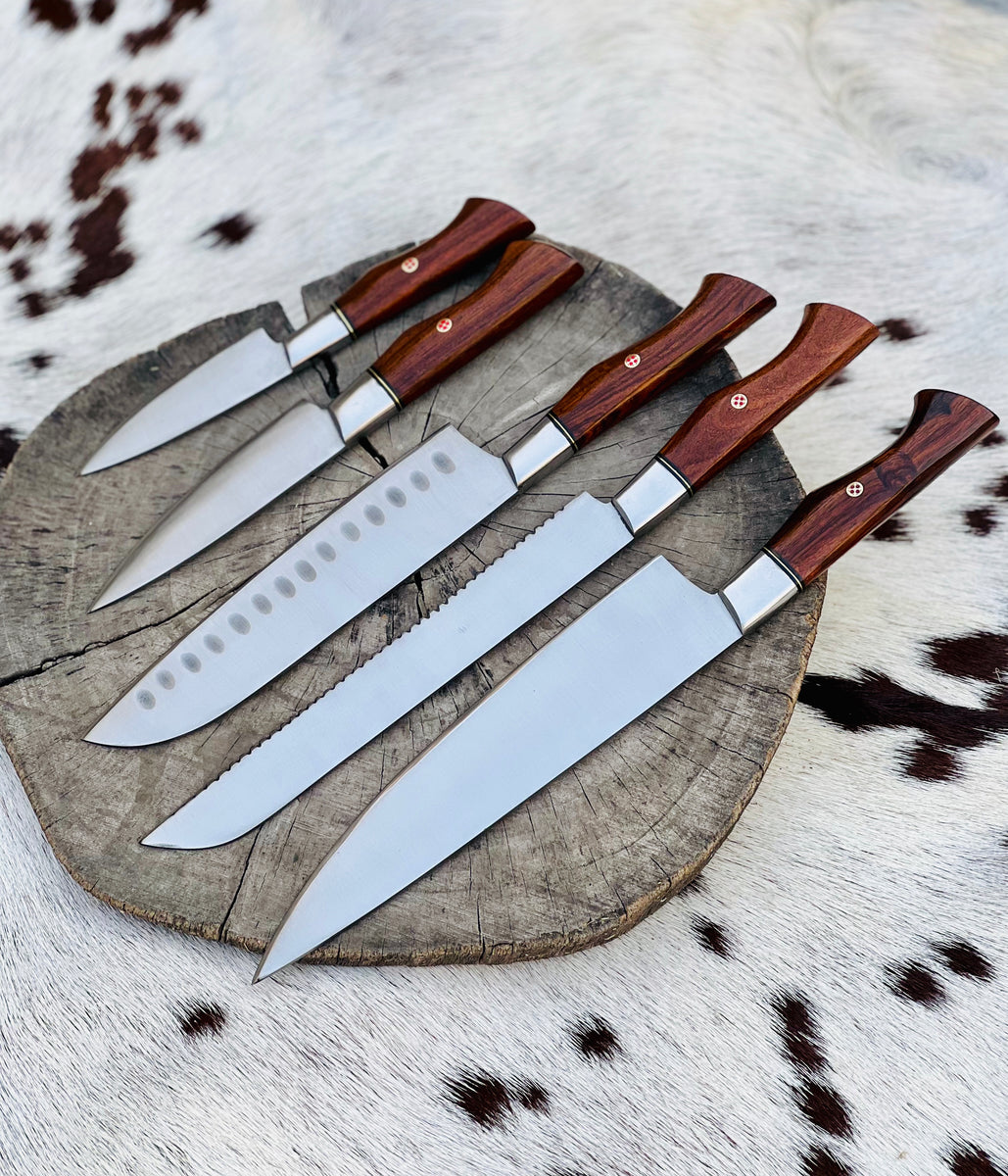 5 Piece Custom Handmade Stainless Steel Kitchen Knives Set with Leathe
