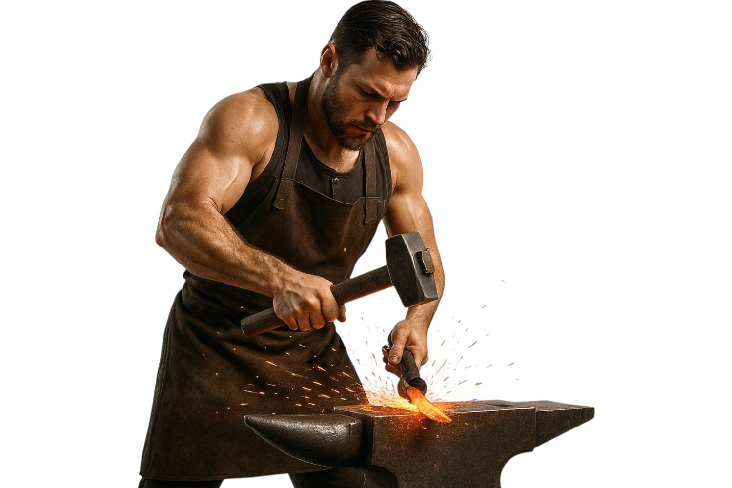 Man in a blacksmith apron working with a hammer on an anvil, surrounded by sparks.