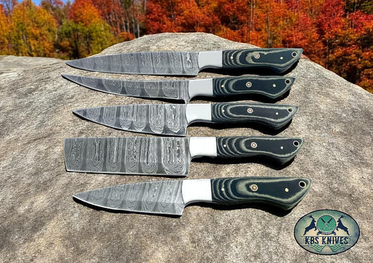 5-piece handmade Damascus steel knife set with G10 handles and steel bolsters