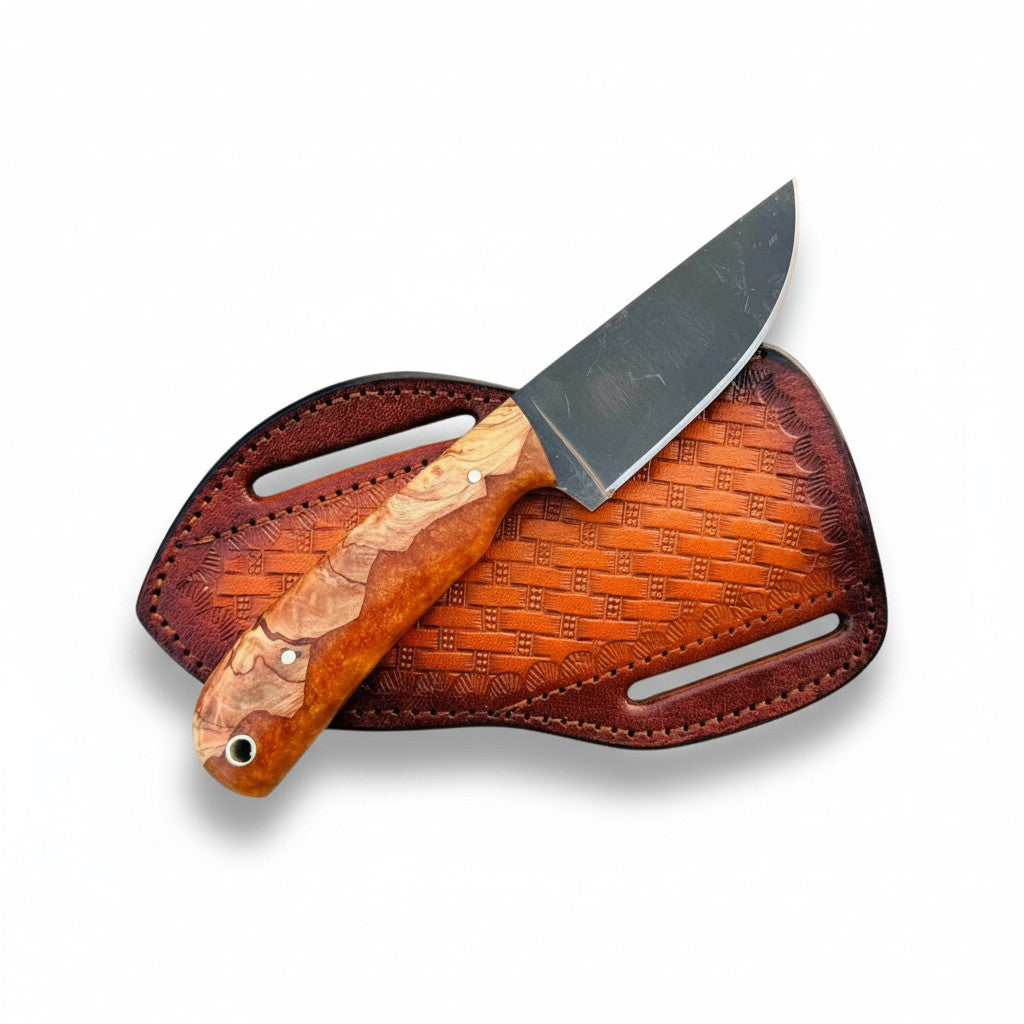 Custom Handle Knife – 3.5" Stone-Washed D2 Blade w/ Leather Sheath