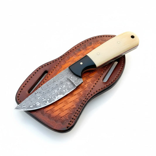 Fixed Blade Belt Knife – 3.5" Raindrop Damascus, Bone & Buffalo Horn