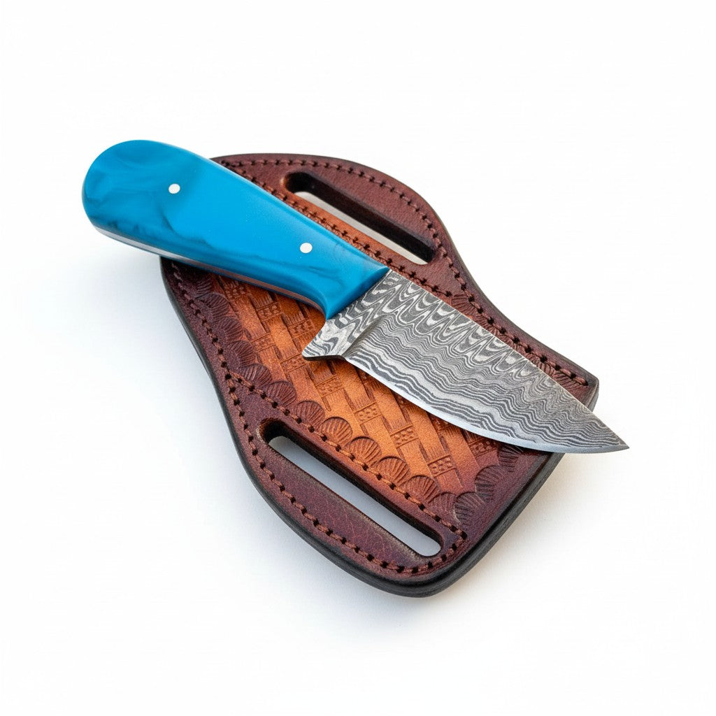 Dress Knife – 3" Damascus Steel Blade with Epoxy Resin Handle & Leather Sheath